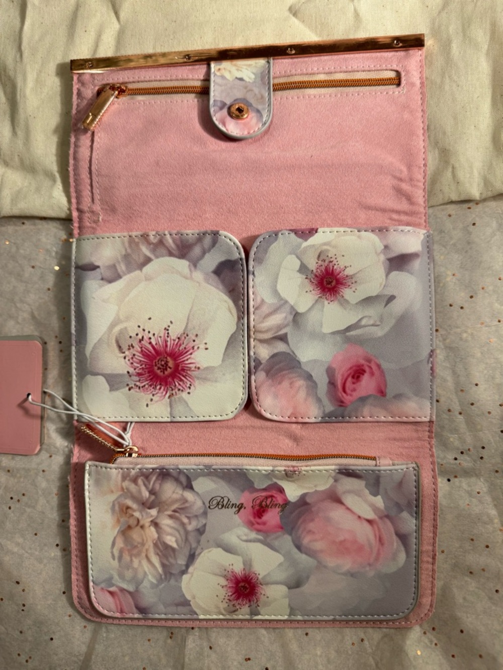 Ted Baker Pink and White Floral Jewelry Roll with Rose-Gold Trim - Picture 2 of 5